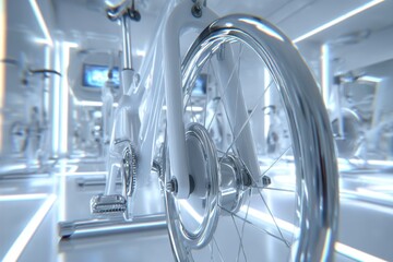 Close-up of a modern, white spin bike in a futuristic, high-tech fitness gym.