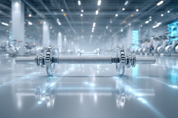 Sleek dumbbell in futuristic gym with glowing lines, digital fitness focus.