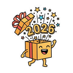 Cartoon Gift Box Celebrating the Year 2026 with Stars and Joy