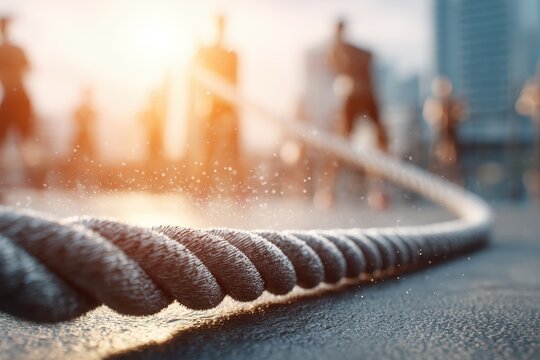 Dynamic battle rope in focus during an intense urban fitness workout with blurred athletes.