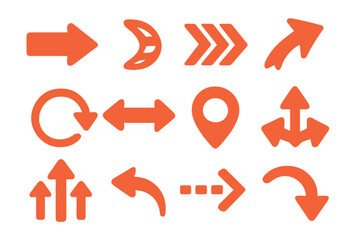 Vector arrow icons collection. Diverse navigation concepts for graphic design. Flat illustration elements for direction, UI, growth, location pin, refresh. Pointers set.
