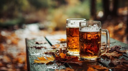 Two mugs of beer resting on a wooden table against a scenic autumn backdrop