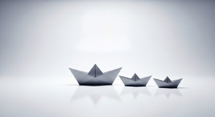 Three silver paper boats in a row symbolize progress, teamwork, and leadership in a clean, modern studio setting.