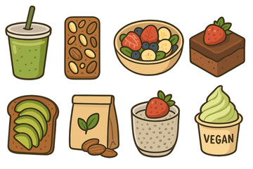 Variety of healthy plant-based food items, vegan snacks, desserts, avocado toast, smoothie, nuts, fruit bowl, almond packaging, chia pudding, and vegan ice cream, cartoon vector illustration
