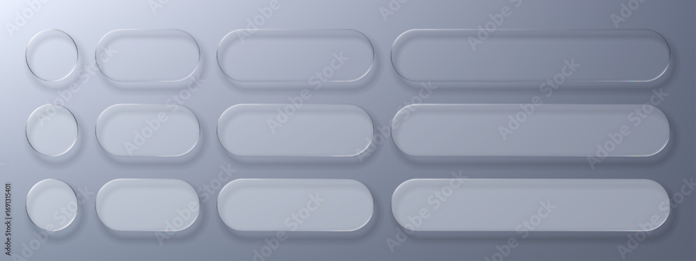 Poster geometric elements with liquid glass morphism vector. transparent buttons and shapes for ui design a
