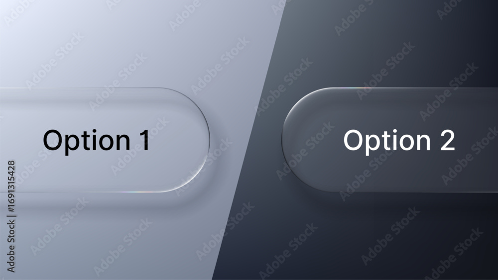 Poster two rounded glass morphism frames labeled option one and option two on a split light and dark gradie