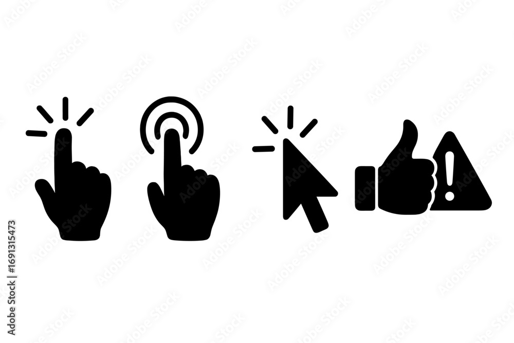 Poster user interaction silhouette icon set. ui ux graphic elements. hand finger click, tap, and pointer cu