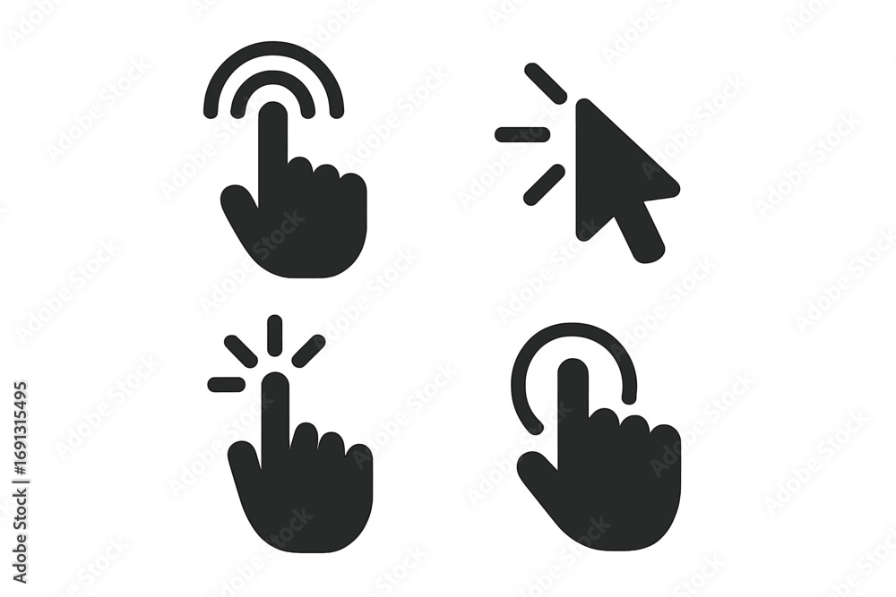 Fototapete user interface solid icon set. click, tap, cursor, and touch symbols. hand pointer gesture for web a