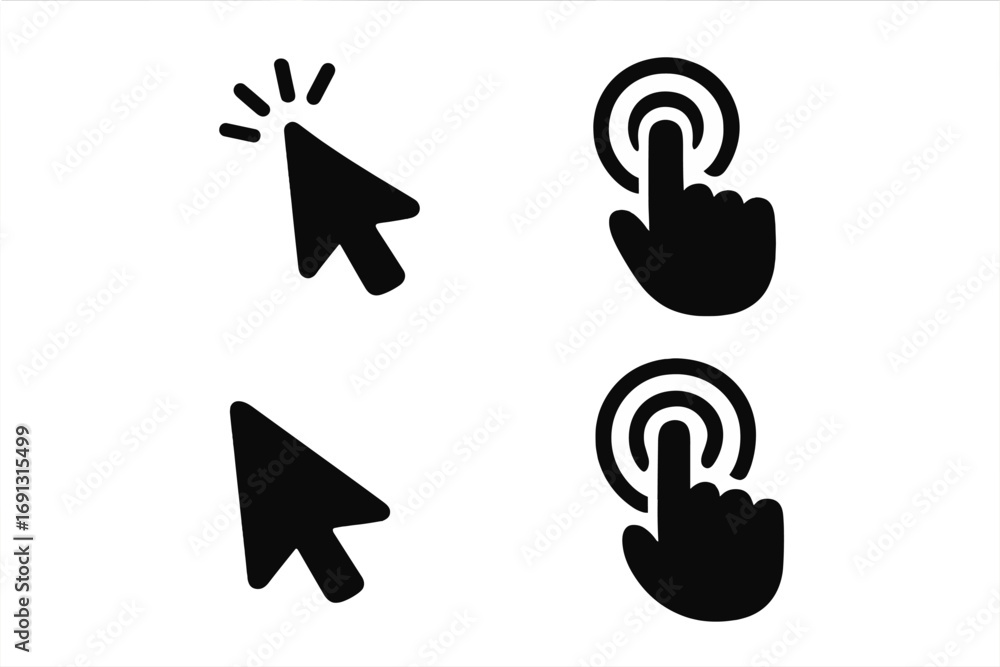 Fototapete user interface solid icon set with click, tap, cursor, and touch symbols. hand pointer and arrow cur