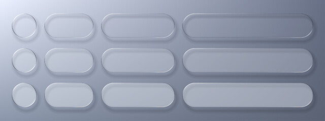 Geometric elements with liquid glass morphism vector. Transparent buttons and shapes for ui design and web interface decoration.
