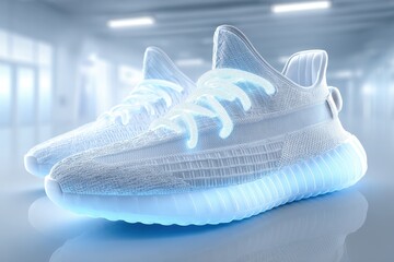 Futuristic glowing sneakers with a detailed wireframe design for modern footwear innovation.