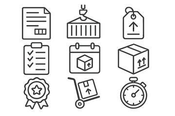 Shipping and logistics icons set with waybill, seal, label, checklist, calendar delivery, package box, and stopwatch in outline style, vector cartoon illustration transparent background
