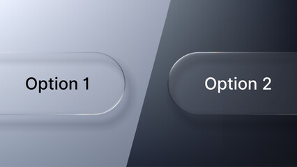 Two rounded glass morphism frames labeled option one and option two on a split light and dark gradient background. Comparison concept.