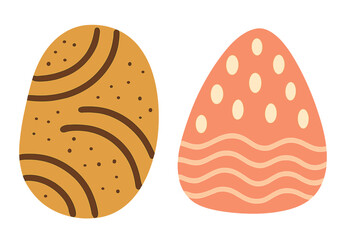 Set of two decorated Easter eggs with modern patterns. Flat vector illustration for spring holiday celebration. Minimalist icons for Easter hunt design element. Cartoon style.