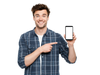 Smiling Man Pointing at Smartphone with Blank Screen, Mobile App Presentation