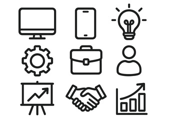 Simple black icons of technology and business concepts, flat line design, set of computer, smartphone, light bulb, gear, briefcase, person, chart, handshake, growth graph, transparent background