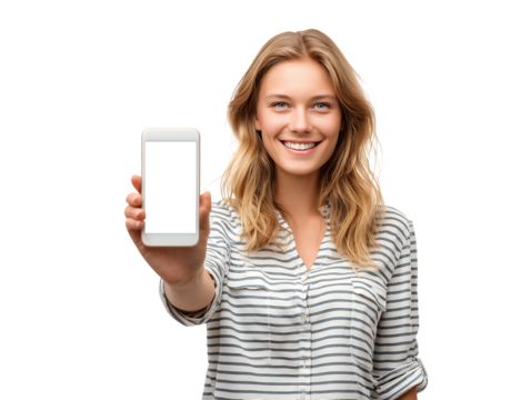 Smiling Woman Holding Smartphone with Blank Screen, Mockup for App Presentation,model,hair,long