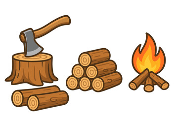 Woodworking and camping essentials with axe chopping wood, stacked logs, and campfire burning bright, outdoor adventure tools, nature survival equipment, vector cartoon illustration