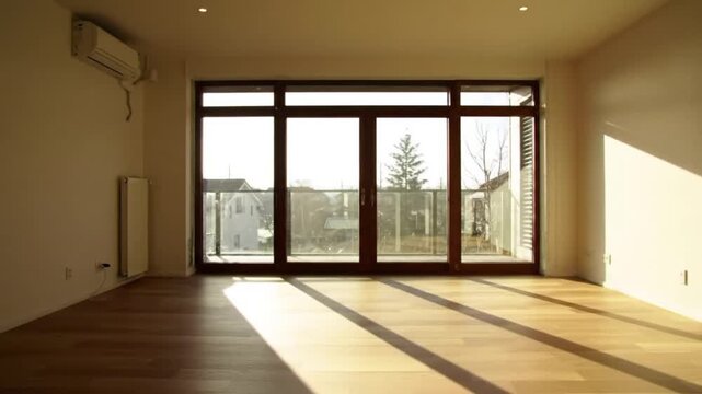 Empty Room Interior with Large Windows and City View