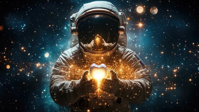 Astronaut holding glowing object in space universe
