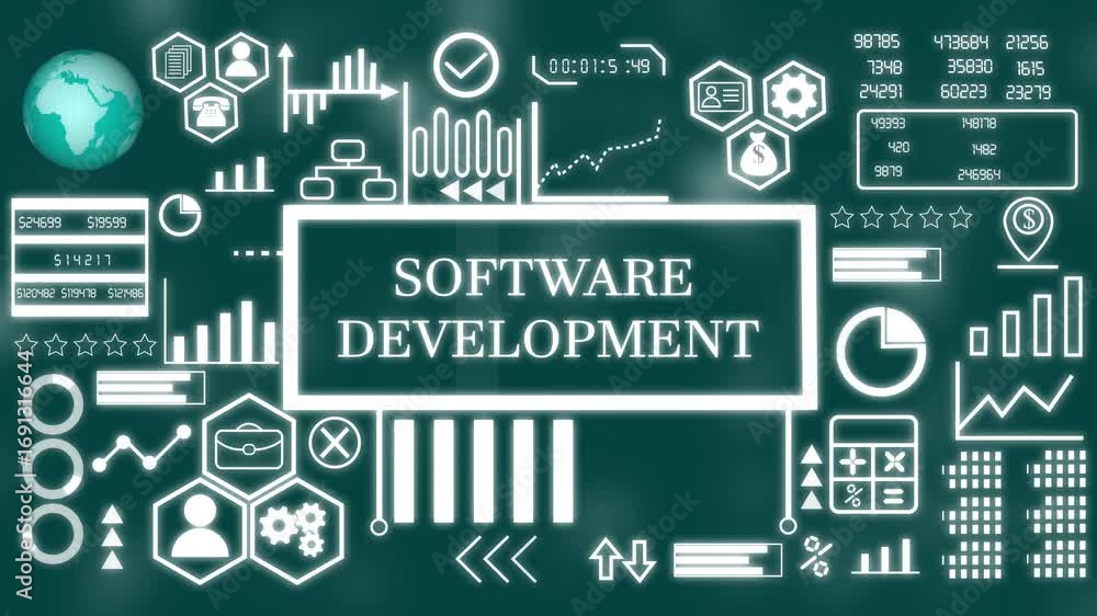 Poster software development business concept. network connections, futuristic technology software developme