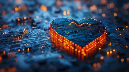 Glowing heart-shaped circuit board with orange and blue leds - Powered by Adobe