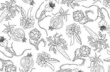 Background with drawn vegetables: onions, carrots, artichokes, and peas. Line illustration of vegetables for culinary design projects about vegetables and healthy eating, restaurant menu design. 