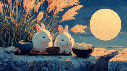 すすきと月見団子とうさぎの秋の夜