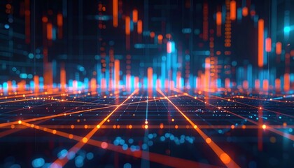 Abstract Data Visualization with Orange And Blue Lines and Glowing Dots Against Black Background