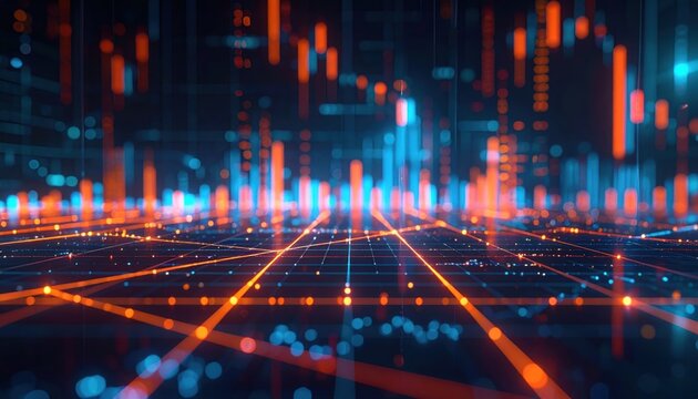Abstract Data Visualization with Orange And Blue Lines and Glowing Dots Against Black Background