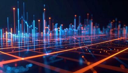 Abstract Digital Visualization of Data Flow with Glowing Blue and Orange Lines on Black Background
