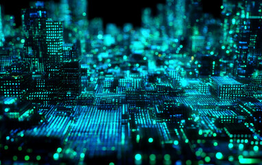 Futuristic cityscape with illuminated buildings and digital elements