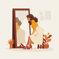 A woman is looking at her reflection in the mirror