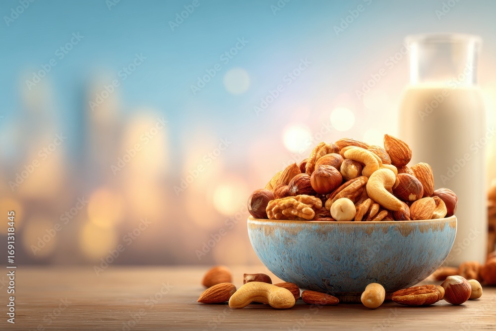 Poster an eye-level close-up shot of a ceramic bowl overflowing with mixed nuts, placed on a wooden table w