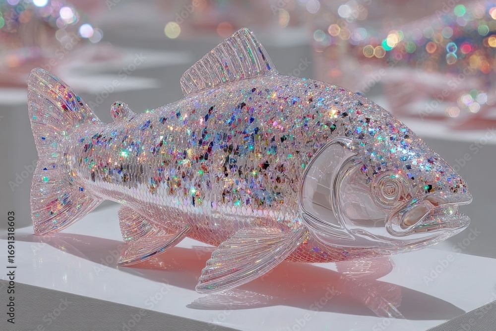 Poster a dazzling crystal fish figurine adorned with shimmering iridescent glitter sparkles, creatively dis