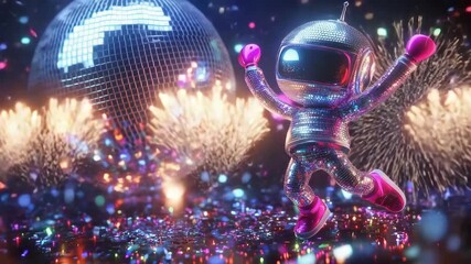 Disco astronaut dancing with fireworks and disco ball in colorful celebration scene - Powered by Adobe