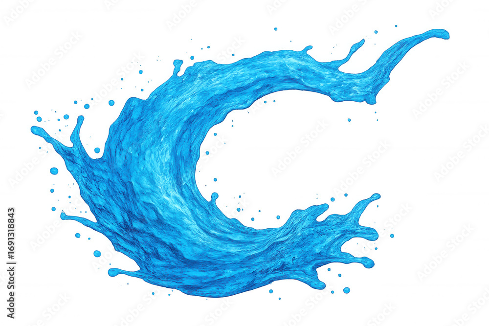 Poster vivid blue water splashes dynamically, creating a captivating c shape against a transparent backgrou