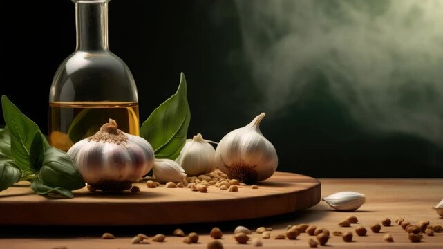 Fresh garlic and onions with saffron on a dark wooden surface.