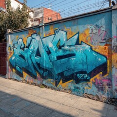 Colorful Urban Graffiti Art on Concrete Wall in City Street Scene