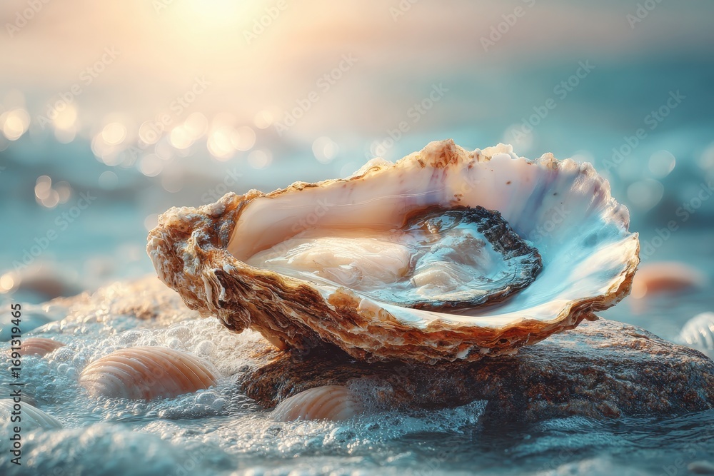 Poster close-up of an oyster shell on the beach at sunset, showing intricate details and soft light, with o
