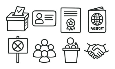 Political process linear icon set. featuring voting, id, certificate, passport, no-entry sign, group, speaker, handshake symbols.