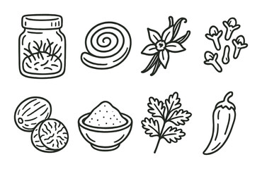 Food spices flat icon set. featuring jar, cinnamon, vanilla, cloves, nutmeg, coriander, and pepper symbols.