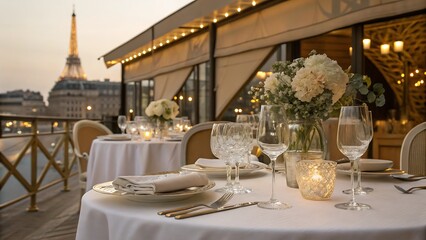 Elegant dining table set up with eiffel tower view in the background