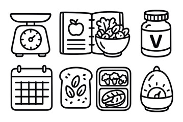 Healthy lifestyle linear icon set. featuring scale, cookbook, salad, vitamins, calendar, whole grain, meal prep.