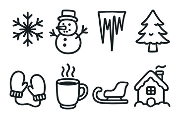 Winter linear icon set. featuring snowflake, snowman, icicle, tree, mittens, mug, sleigh, house symbols.