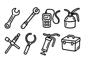 Obraz premium Automotive repair linear icons set. featuring wrench, socket, diagnostic, oil can, and toolbox symbols.