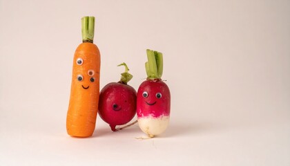 Anthropomorphic Vegetables Carrot and Radishes with Googly Eyes against White Background