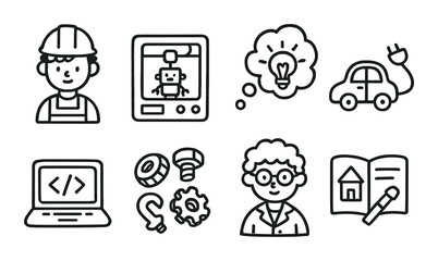 Technology and innovation linear icon set. featuring engineer, 3d printing, idea, electric car, coding, and scientist symbols.