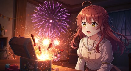 A beautiful anime girl with a look of pure amazement watches as a magical box unleashes a dazzling indoor firework display