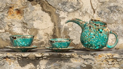 Turquoise Ceramic Tea Set with Teapot and Cups on Rustic Stone Surface